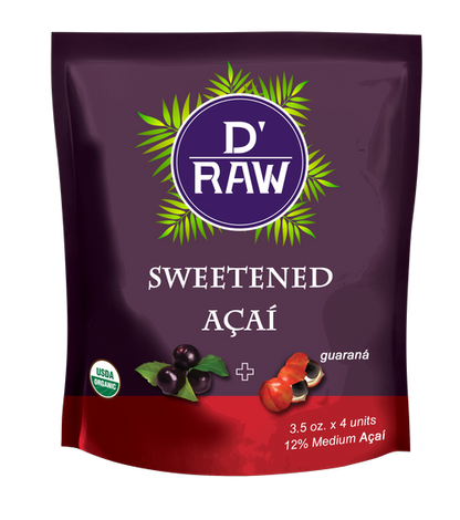 D'Raw Organic Sweetened Acai, 3.5oz. packs. (Medium Acai 12%). 60 packs per case