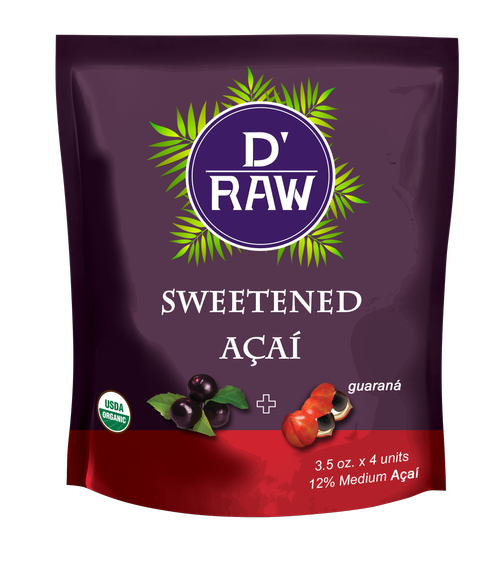 D'Raw Organic Sweetened Acai, 3.5oz. packs. (Medium Acai 12%). 60 packs per case