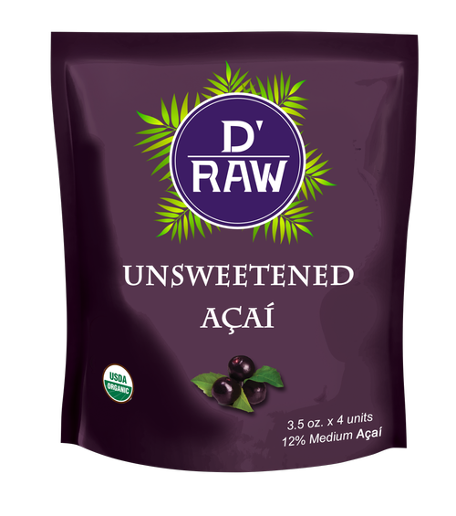 D'Raw Organic Unsweetened Acai, 3.5oz. packs. (Medium Acai 12%). 60 packs per case