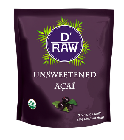 D'Raw Organic Unsweetened Acai, 3.5oz. packs. (Medium Acai 12%). 60 packs per case
